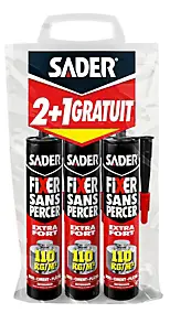 Mastic de Fixation Sader Fixer Sans Percer Extra Fort Lot de 2 Cartouches 310 ml + 1 Gratuite