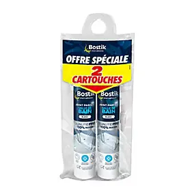Mastic d’étanchéité spécial salle de bain blanc Bostik Joint Parfait tous matériaux, lot de 2 cartouches de 280 ml