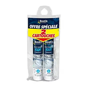 Mastic d’étanchéité spécial salle de bain translucide Bostik Joint Parfait tous matériaux, lot de 2 cartouches de 280 ml