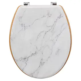 Abattant WC coloris effet marbre blanc et lunette effet bois à fermeture standard, 5Five Léa