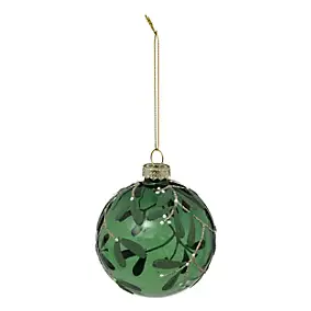 Boule de noël verre vert et blanc décor branche de gui ∅80mm Feeric Light & Christmas