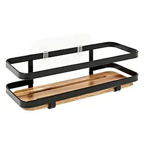 Étagère de douche fixations adhésives 1 niveau en métal noir et acacia l.25,5 x H.8 x P.10 cm, 5Five Simply Smart Blackacia