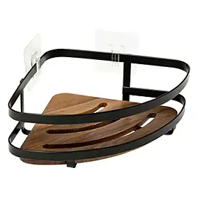 Étagère de douche fixations adhésives 1 niveau en acier noir et acacia l.19,4 x H.7 x P.25 cm, 5Five Simply Smart Blackacia
