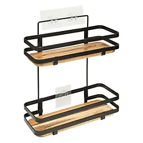 Étagère de douche fixations adhésives 2 niveaux en métal noir et acacia l.25,5 x H.30 x P.15,5 cm, 5Five Simply Smart Blackacia