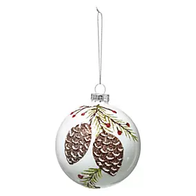 Boule de noël blanche décor pomme de pin en verre ∅80mm Feeric Light & Christmas