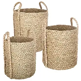 Panier de rangement rond et opaque avec poignées, fibres naturelles vendu par 3 pièces