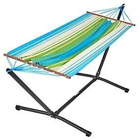 Hamac sur pied Metalik Kolor vert bleu écru 300 x 100 x 95 cm Jobek + support acier