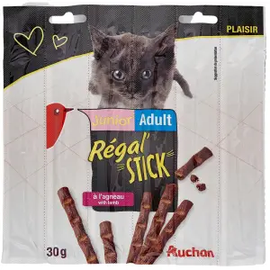AUCHAN Friandises régal'stick à l'agneau pour chaton et chat 6 sticks 30g