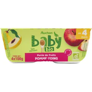 AUCHAN BABY BIO Petit pot dessert pomme coing dès 4 mois 4x100g