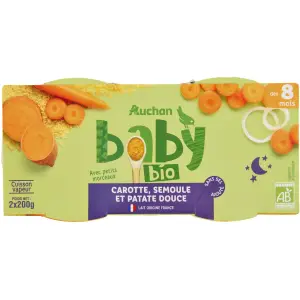 AUCHAN BABY BIO Bol carotte semoule patate douce bio dès 8 mois 2x200g