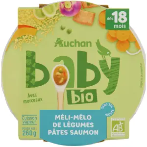 AUCHAN BABY BIO Assiette méli-mélo légumes pâtes et saumon dès 18 mois 260g