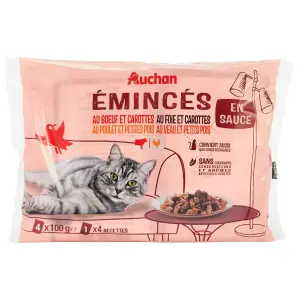 AUCHAN Sachets repas émincés en sauce viandes et légumes pour chat 4 sachets 4x100g