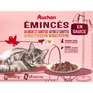AUCHAN Sachets repas Émincés en sauce à la viande pour chat stérilisé 12 sachets 12x100g