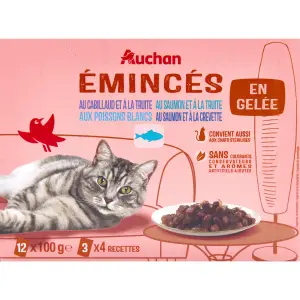 AUCHAN Sachets repas émincés en gelée aux poissons pour chat 12 sachets 12x100g