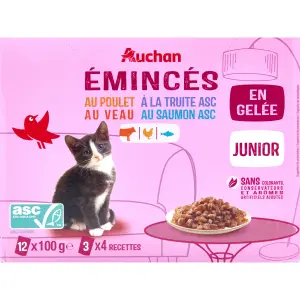 AUCHAN Sachets repas Emincés en gelée viande et poisson ASC pour chaton 12 sachets 12x100g