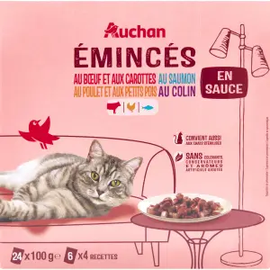 AUCHAN Emincés en sauce viandes et poissons pour chat 24 sachets 24x100g