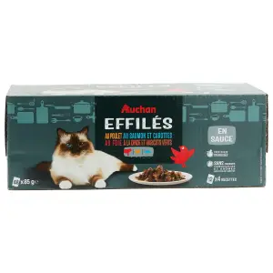 AUCHAN Sachets repas effilés en sauce viandes poissons et légumes pour chat 48 sachets 48x85g