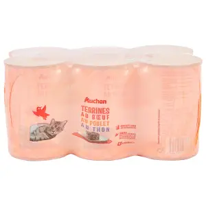 AUCHAN Terrines multi-variétés bœuf poulet thon pour chat 6 boîtes 6x400g