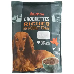 AUCHAN Croquettes riches en poulet frais pour petit chien senior 1.5kg