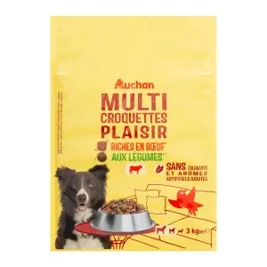 AUCHAN Multi croquettes plaisir boeuf et légumes pour moyen et grand chien 3kg