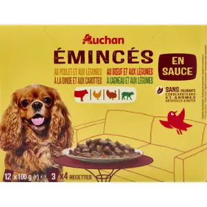 AUCHAN Sachets repas émincés en sauce viandes et légumes pour chien 12 sachets 12x100g