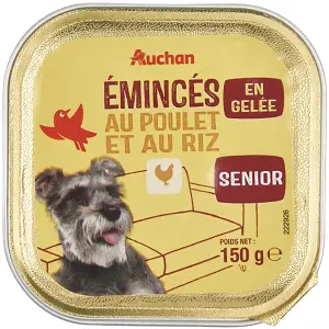 AUCHAN Barquette émincés au poulet et au riz en gelée pour chien senior 150g