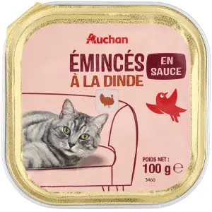 AUCHAN Barquette émincés à la dinde en sauce pour chat 100g