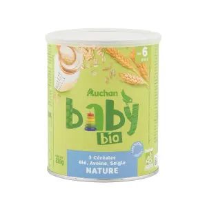 AUCHAN BABY BIO 3 céréales en poudre blé avoine seigle nature dès 6 mois 220g