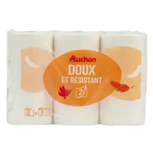 AUCHAN Papier toilette blanc maxi doux et résistant 2 épaisseurs 6 rouleaux = 9 standards