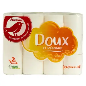 AUCHAN Papier toilette blanc doux et résistant 2 épaisseurs = 36 standards 24 rouleaux