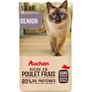 AUCHAN Croquettes au poulet frais sans céréales pour chat senior 1.5kg
