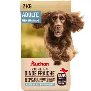 AUCHAN Croquettes light à la dinde fraîche sans céréales pour moyen et grand chien 2kg