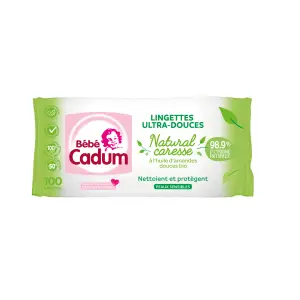 BEBE CADUM Natural caresse lingettes ultra-douces peaux sensibles à l'huile d'amandes douces bio 100 lingettes