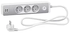 Multiprise 3 prises + 2 usb Schneider Electric Odace blanc finition aluminium brossé 1.5 m