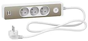 Multiprise 3 prises + 2 usb Schneider Electric Odace blanc finition bronze brossé 1.5 m