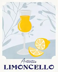 Affiche Limoncello cocktail, verre, boisson l.40 x H.50 cm jaune et bleu
