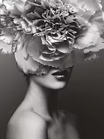 Affiche portrait femme chapeau de fleurs noir et blanc L.40 x H.50cm Dada Art
