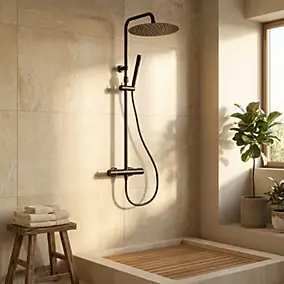 Colonne de douche thermostatique avec pommeau + douchette 1 jet + flexible, noir, Essebagno Lollipop
