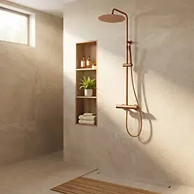 Colonne de douche thermostatique avec pommeau + douchette 1 jet + flexible, cuivré, Essebagno Lollipop