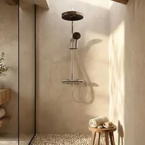 Colonne de douche thermostatique avec pommeau + douchette 3 jets + flexible, chrome, Essebagno Lumio