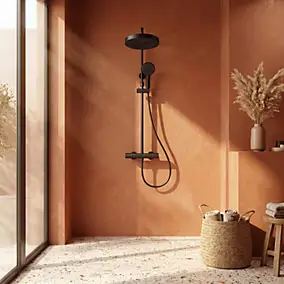 Colonne de douche thermostatique avec pommeau + douchette 3 jets + flexible, noir mat, Essebagno Lumio