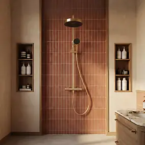 Colonne de douche thermostatique avec pommeau + douchette 3 jets + flexible, doré, Essebagno Lumio