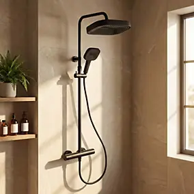Colonne de douche thermostatique avec pommeau + douchette 1 jet + flexible, noir, Essebagno Encarre