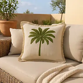 Coussin à frange broderie palmier beige, vert L.45 x l.45cm Ornami
