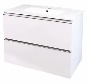 Meuble sous vasque à suspendre 2 tiroirs l.81,5 cm avec plan vasque céramique, blanc brillant, Ondee Trendy