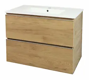 Meuble sous vasque à suspendre 2 tiroirs l.81,5 cm avec plan vasque céramique, effet bois, Ondee Trendy