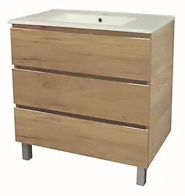 Meuble sous vasque à poser 3 tiroirs l.81,5 cm avec plan vasque céramique, effet bois, Ondee Trendy