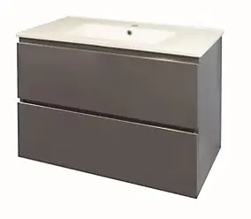 Meuble sous vasque à suspendre 2 tiroirs l.81,5 cm avec plan vasque céramique, gris mat, Ondee Trendy