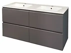 Meuble sous vasque à suspendre 4 tiroirs l.121,5 cm avec plan double vasque céramique, gris mat, Ondee Trendy