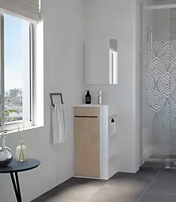 Meuble tout en un compact l.44 x H.84 cm blanc mat et porte effet bois, Ondee Nova